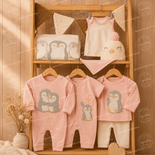 Ajuar Primer Día Pingüino Rosado Para Recién Nacida 7 Piezas