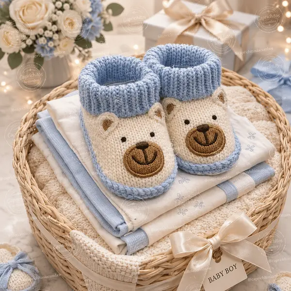 Medias Tejidas Osito Azul Y Blanco Para Bebé