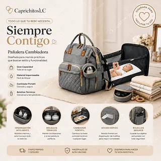 Pañalera Cambiadora Multifuncional Para Bebé Gris