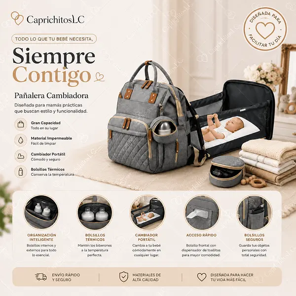 Pañalera Cambiadora Multifuncional Para Bebé Gris