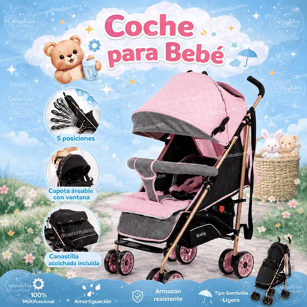 Coche Asoleador Plegable Para Bebé Rosado